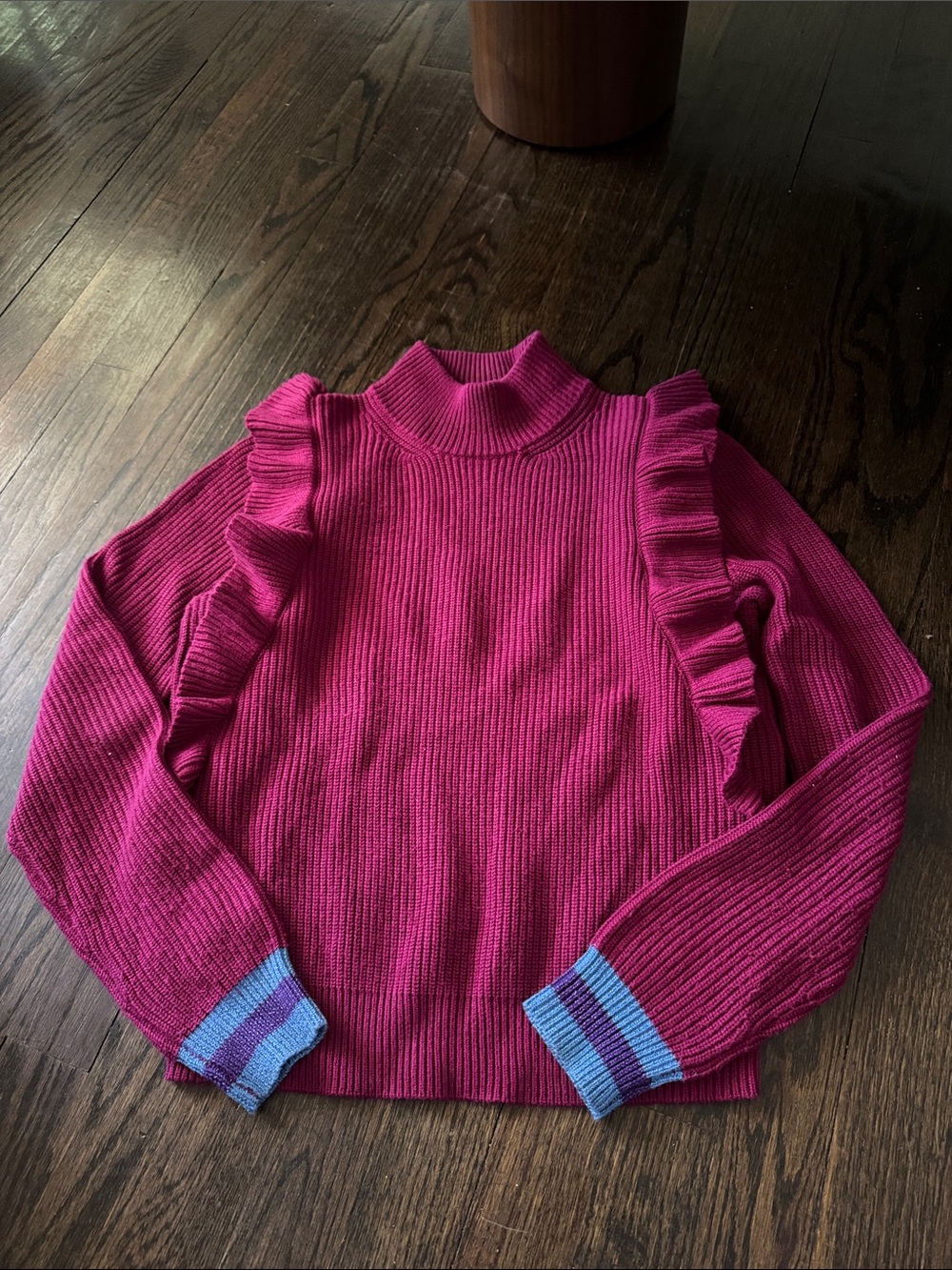 Splendid Fuchsia Ruffle Mock Neck Sweater with Blue-Trim Cuffs